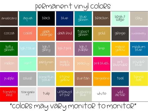 Cricut Vinyl Color Swatches Palette Chart Permanent Etsy