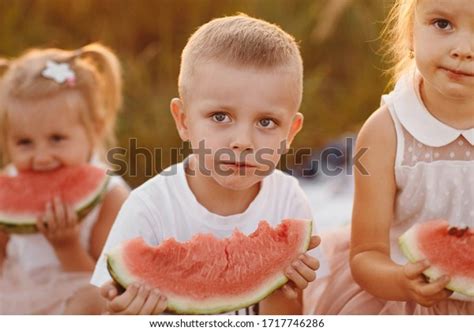 Happy Kids Eating Watermelon Summer Sunset Stock Photo 1717746286