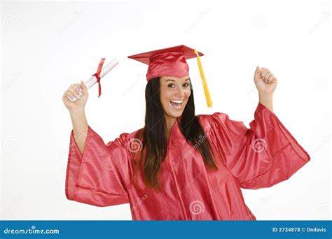 Beautiful Caucasian Woman Wearing A Red Graduation Gown Holding Diploma
