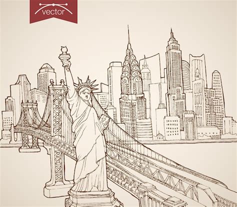 Gravura Vintage M O Desenhada Pontos Tur Sticos E Pontos Tur Sticos De Nova York Desenho A