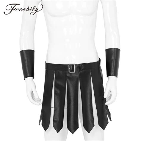 Sexy Men Pu Leather Roman Gladiator Costume Kilt Underwear Skirt With Belt And Wristbands Role