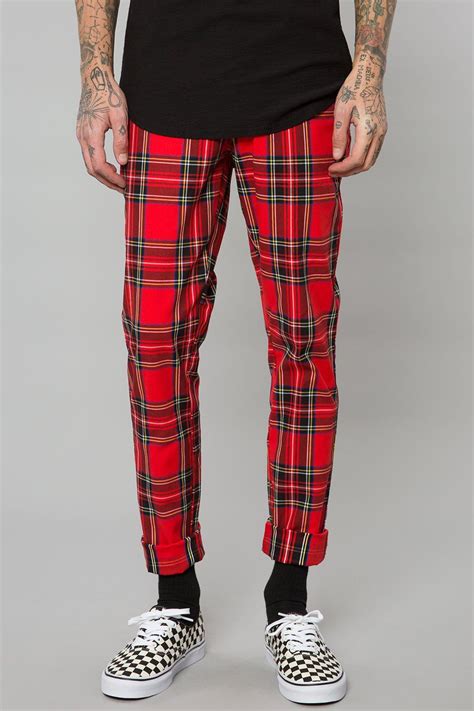 Red Plaid Slim Tapered Pant Red Plaid Pants Plaid Pants Outfit