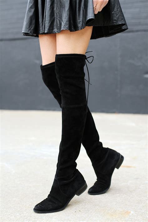 Faux Leather Pleated Mini Skirt Fashion Jackson Knee Boots Outfit