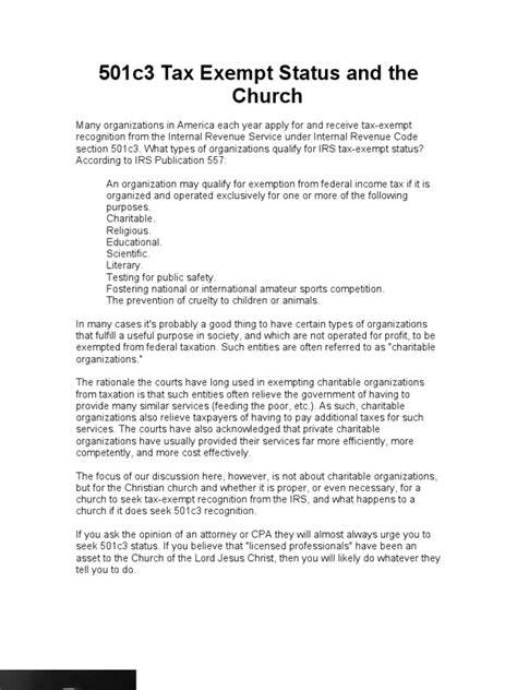 501c3 Tax Exempt Status And The Church Pdf Tax Exemption Charitable Organization