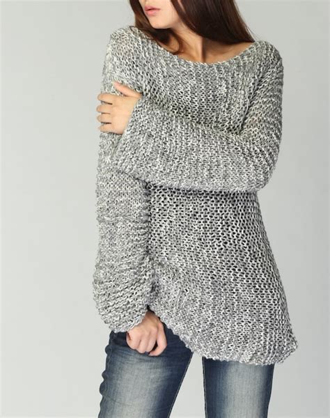 Suéter De Mujer Gris Eco Algodón Suéter Largo De Punto A Mano
