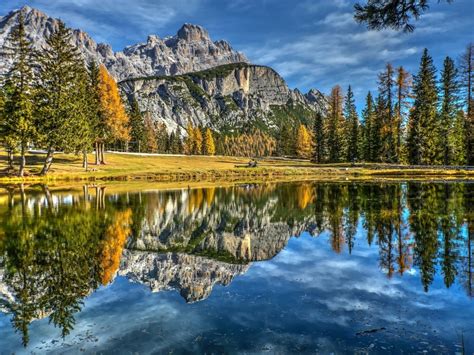 Wallpaper Lake Trees Reflection Italy Dolomites Mountains Sky