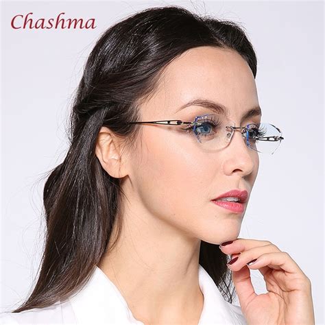 Chashma Brand Women Tint Lenses Rhinestone Fashion Stylish Colored Lens Rimless Glasses Titanium
