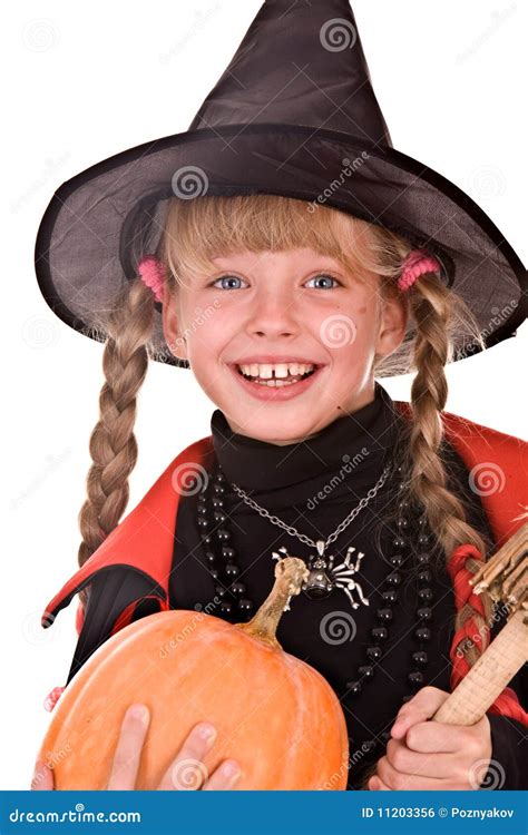 Child Girl Halloween Witch With Pumpkinbroom Stock Photo Image Of