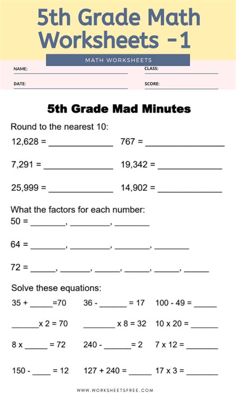 5th Grade Math Worksheets 1 Worksheets Free