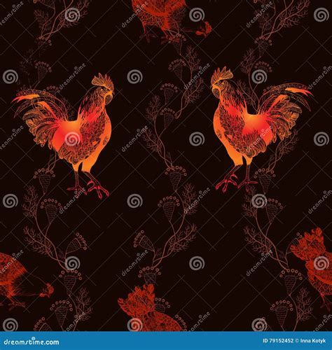 Rooster And Chickens Seamless Vector Background Stock Vector