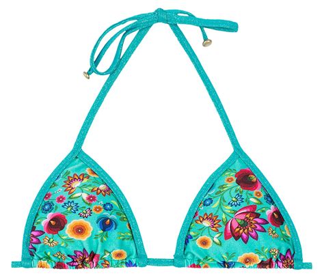 Blue Floral Print Triangle Bikini Top With Lurex Straps Soutien Bloom