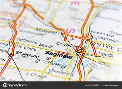 Saginaw City Road Map Area Closeup Macro View Stock Photo by