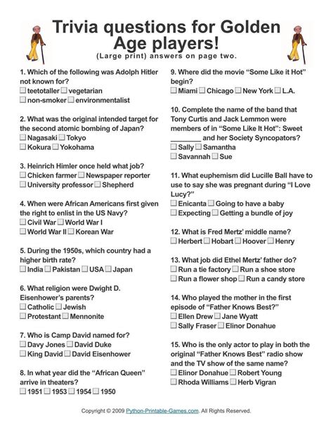Easy Printable Trivia Questions And Answers For Seniors Challenge