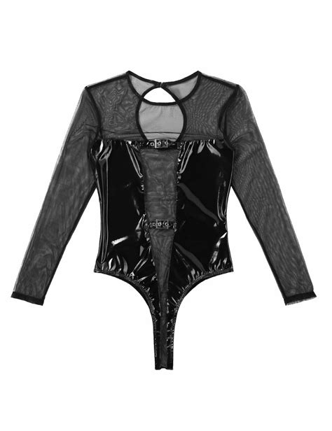 Sexy Women Patent Leather Bodysuit Top Long Sleeve Leotard Bodysuit High Collar Ebay