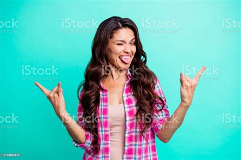 Close Up Photo Beautiful Tongue Out Mouth She Her Lady Hands Arms Metal Music Lover Symbol Ready