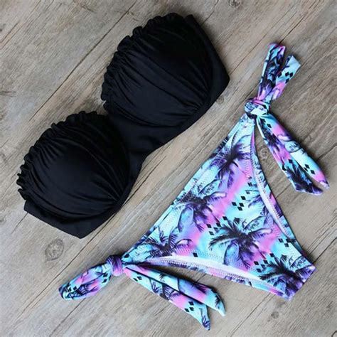 Sexy Women Swimsuit Floral Swimwear Bandeau Bathing Suit Tie Side
