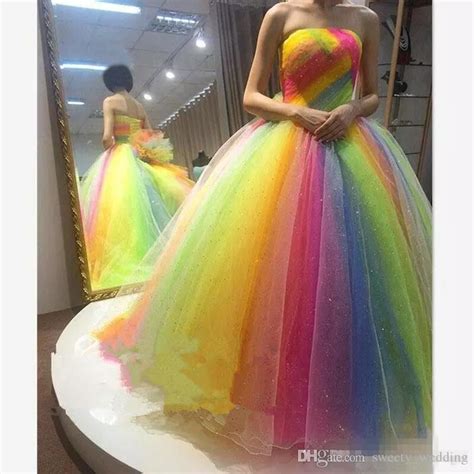 Elegant Colorful Rainbow Prom Dresses Ball Gown Strapless Floor Length