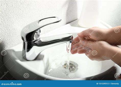 Woman Washing Hands In Bathroom Stock Photo Image Of Hygienic