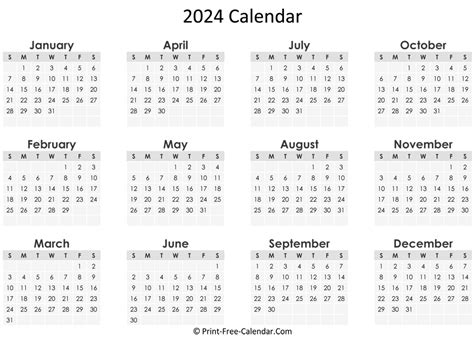 year 2024 calendar templates printable free