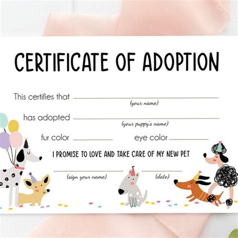 Pet Adoption Certificate Printable Dog Birthday Party Adopt Etsy