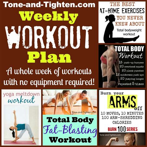 Over six weeks, your workout volume and schedule will fluctuate strategically to utilize the scientific principles of gene activation, periodization, and controlled overreaching. Weekly Workout Plan - At-Home Workouts With No Weights ...