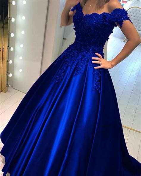 Elegant Ball Gown Prom Dresses Lace Flowers Beaded Off The Shoulder