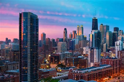 City Chicago Sunset Skyscrapers Wallpaper Coolwallpapersme