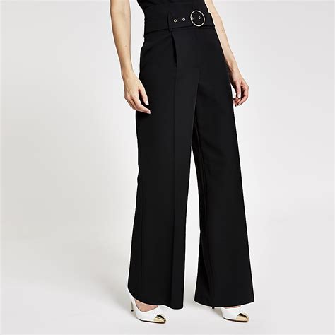 Black Wide Leg Belted Trousers River Island