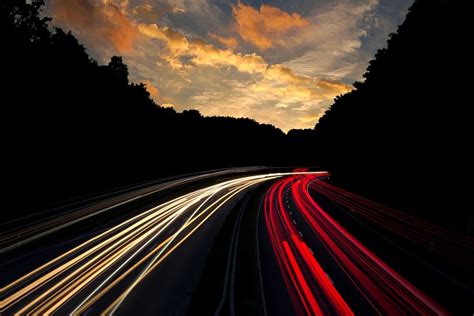 Timelapse Photography Road White Red Lights Asphalt Blur Clouds