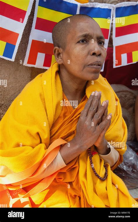 India Bihar Bodhgaya A Buddhist Female Monk Prays At The Mahabodhi