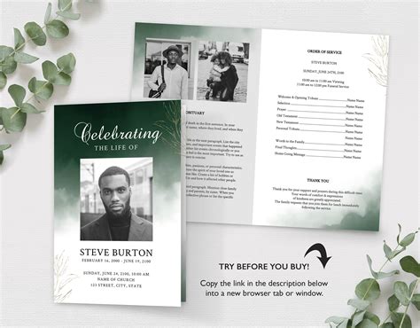 An Open Funeral Program Brochure With Green Leaves On The Side And A
