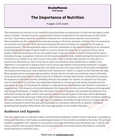 The Importance Of Nutrition Free Essay Example