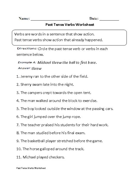 Verb Tenses Worksheets Past Tense Verbs Worksheet