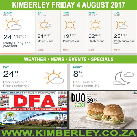 Don't forget to check our daily specials chalkboard for seasonal favourites and dishes of the day. KimberleyToday, Friday 04/08/2017 - Kimberley City Info