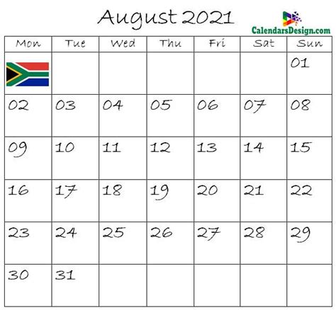 August 2021 Calendar South Africa