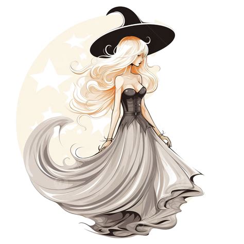Halloween Holiday Beautiful Blonde Witch In A Hat Against The Moon