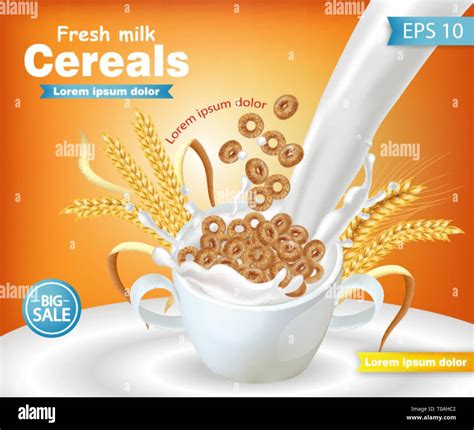 rye cereals bowl with milk splash vector realistic mock up product placement label design 3d