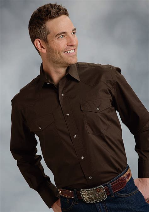 Roper Mens Long Sleeve Solid Snap Shirt Brown