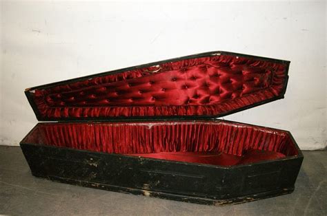 0027074 Wooden Black Painted Coffin With Red Satin Interior H 42cm X
