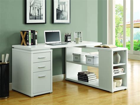 60 X 47 Modern White L Shaped Desk With File Drawer And Open Shelving