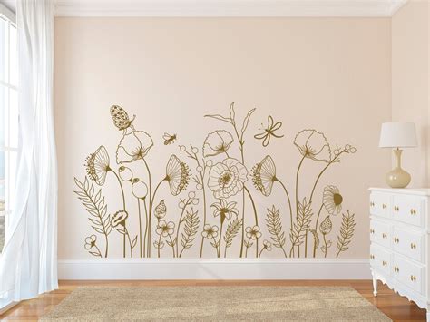 Handdrawn Flowers Wall Decal Wildflowers Garden Wall Decor Etsy