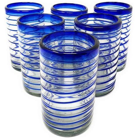 Dos Sueños Hand Blown Mexican Drinking Glasses Set Of 6 Glasses With Cobalt Blue Spiral Design