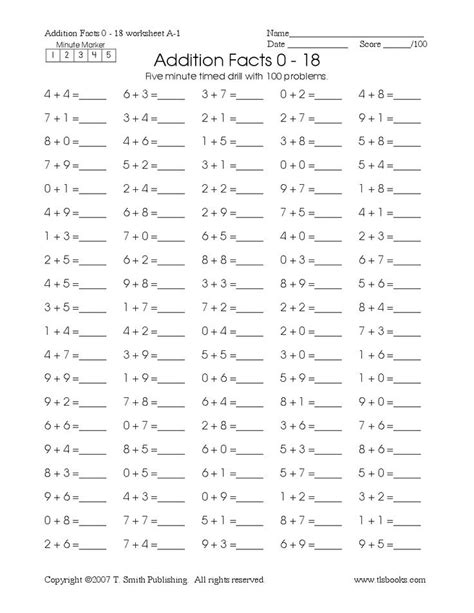 1st Grade Timed Math Drill Sheets Five Minute Addition 0 Math Minute