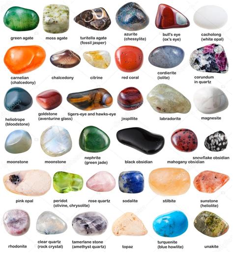 Collection Of Various Tumbled Gemstones With Names Stock Photo By