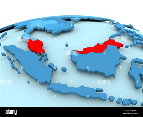 Map Of Malaysia In Red On Blue Political Globe 3d Illustration Stock
