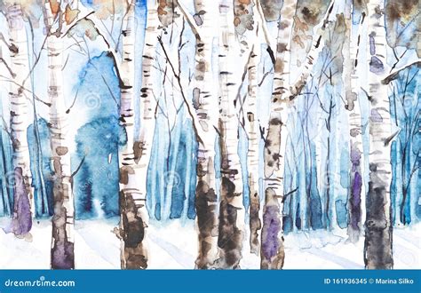 Winter Colorful Landscape Of Snowy Forest Hand Drawn Watercolor