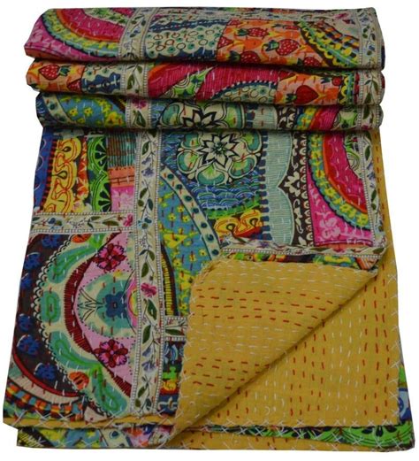 Indian Handmade Kantha Quilt Throw Multi Color Patchwork Etsy In 2021