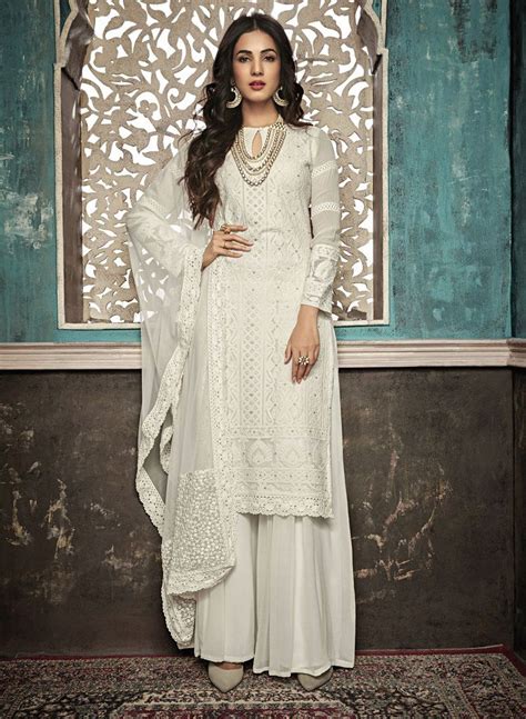 White Lakhnavi Embroidered Georgette Designer Suit Semi Stitched In 2020 Designer Dresses