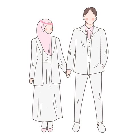Illustration Of Romantic Muslim Couple In White Wedding Clothes