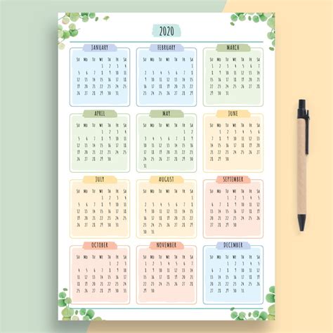 2020 Yearly Calendar Printable Year At A Glance Calendar Etsy